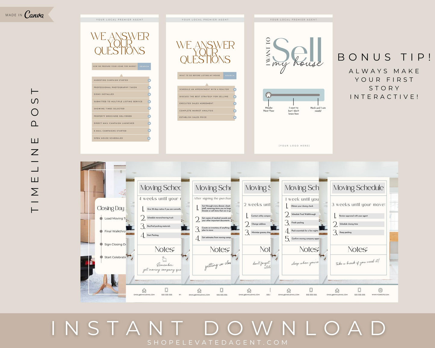 100 Modern Real Estate Posts for Social Media - Interactive Timeline Posts Instant Download