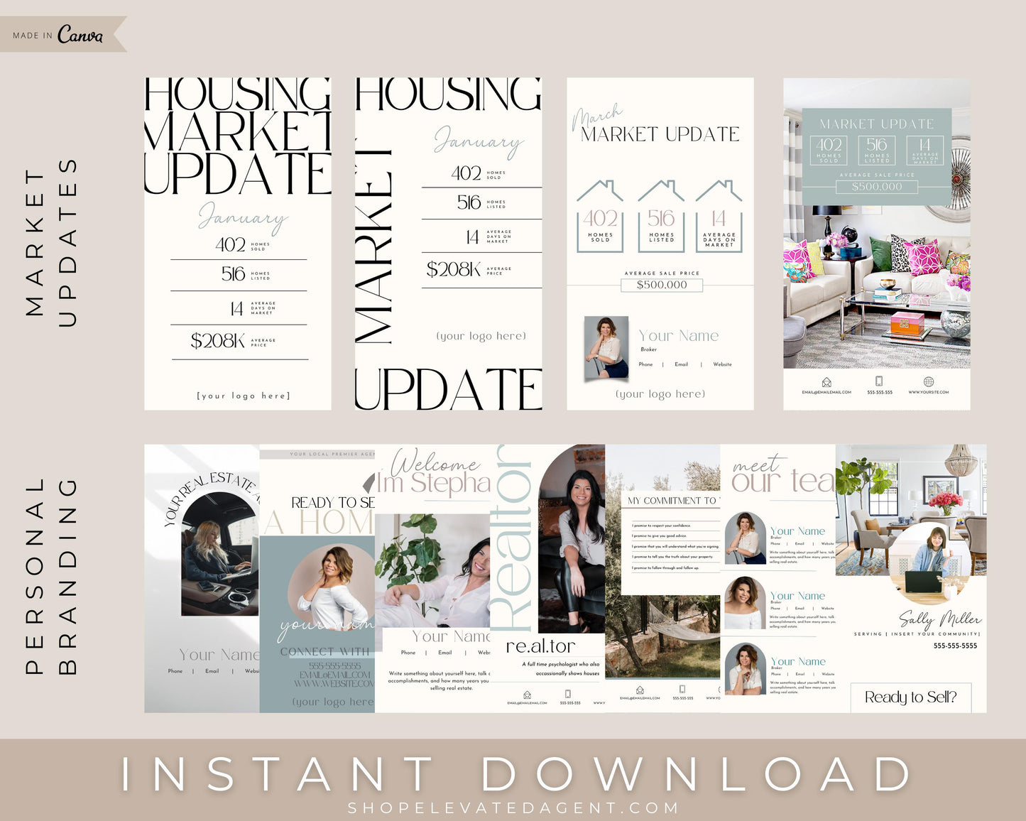 100 Modern Real Estate Posts for Social Media - Branding & Market Updates Templates Instant Download