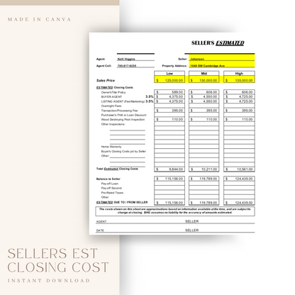 Sellers Estimated Closing Cost - Realtor Cost Spreadsheet