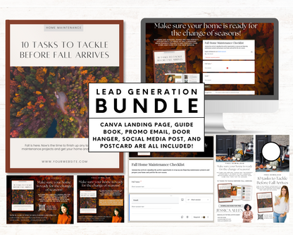 Real Estate Template Bundle that includes home maintenace checklist, real estate postcard, real estate email, real estate door hanger and a real estate website