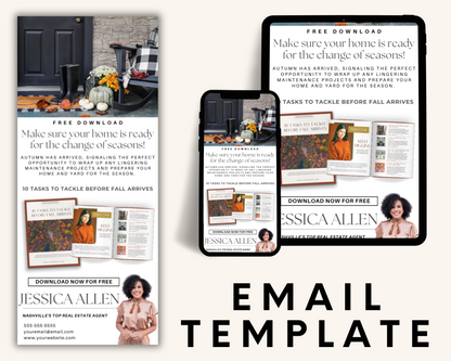 Real Estate Template Bundle that includes home maintenace checklist, real estate postcard, real estate email, real estate door hanger and a real estate website