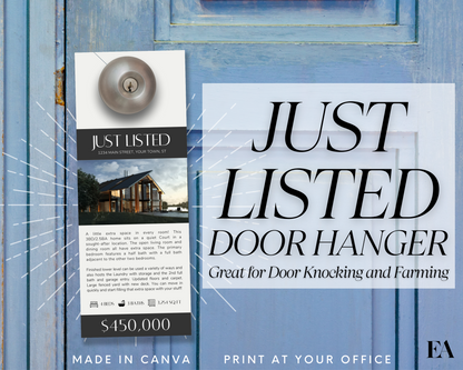 Just listed door hanger Real Estate Door Hanger Template Real Estate Door Knocking Neighborhood Farming Real Estate Farming Realtor Introduction Open House Just Listed Door Hanger Template