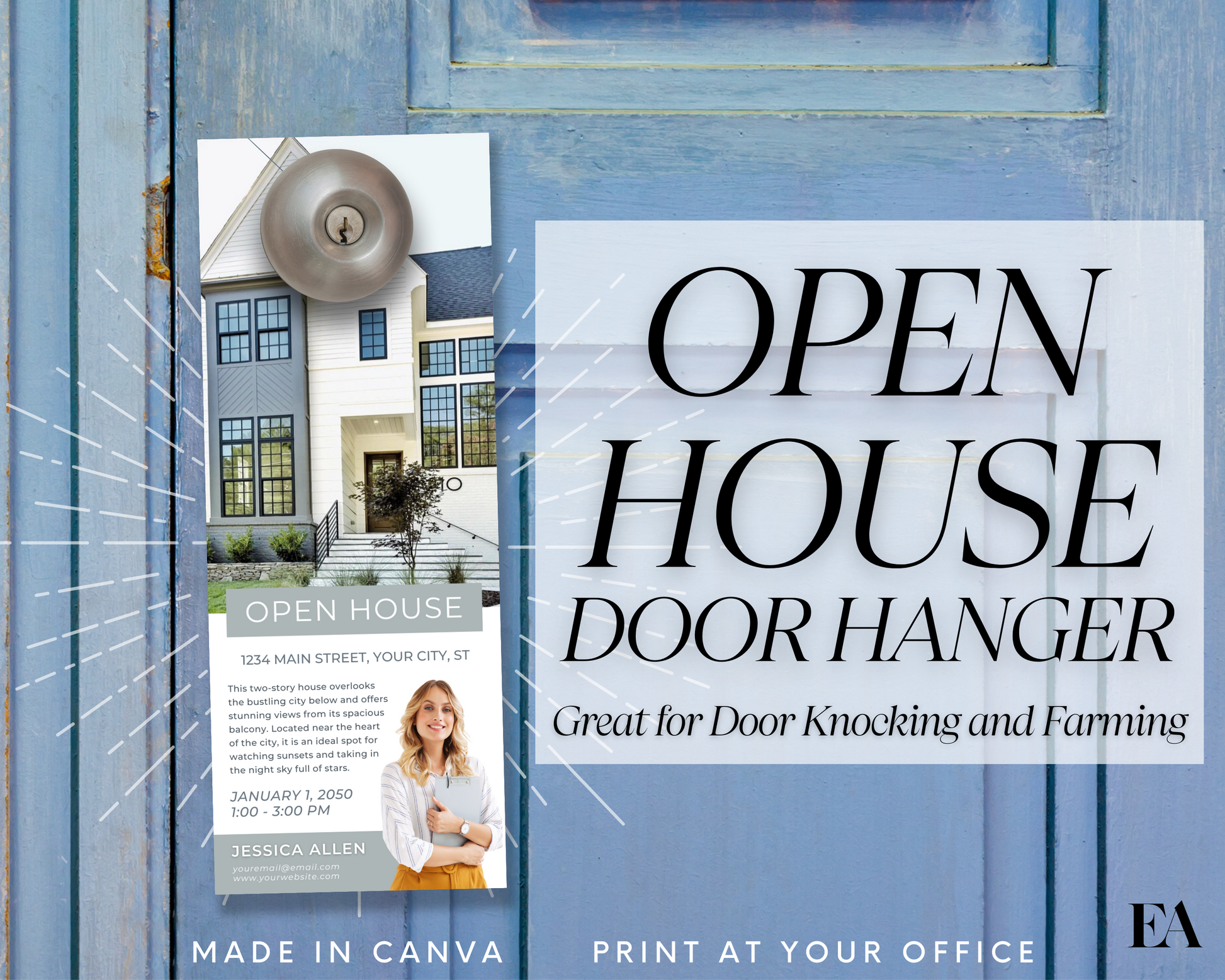 open house door tag,printable door flyer,canva template,door hanger template,door knocking,hello postcard,neighborhood farming,open house invite,property flyer,real estate farming,real estate lead,real estate template,realtor door sign