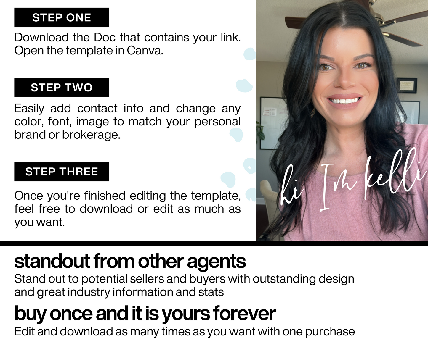 Hello, I am Kelli. The owner of Elevated Agent and your Real Estate Templates designer helping you elevate your real estate business.