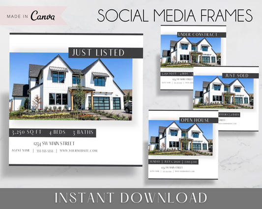 Real Estate Facebook and Instagram Frames - Just Listed , Sold, Open House, Under Contract Posts - Social Media Real Estate Marketing for Realtors, Agents - Instant Download