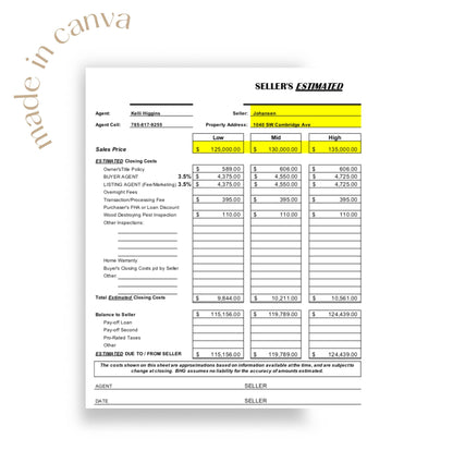 Sellers Estimated Closing Cost - Realtor Cost Spreadsheet